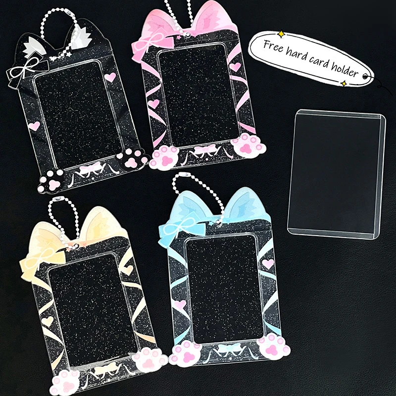 Cute Sweet Lace Bow Photo Card Holder Exquisite Idol Photo Protective Display Sleeves Kawaii Stationery Pendant Keychain Gifts