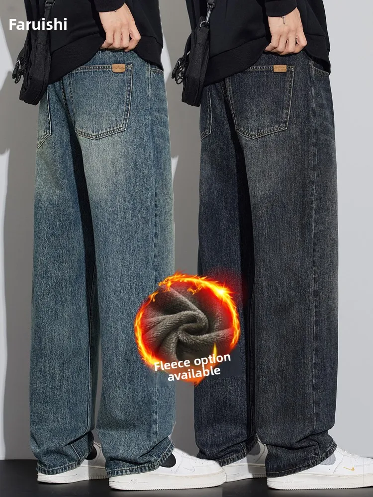 

Мужские джинсы Thiened Fce: теплые, свободные, прямые, с начесом, широкие штанины, на осень-зиму