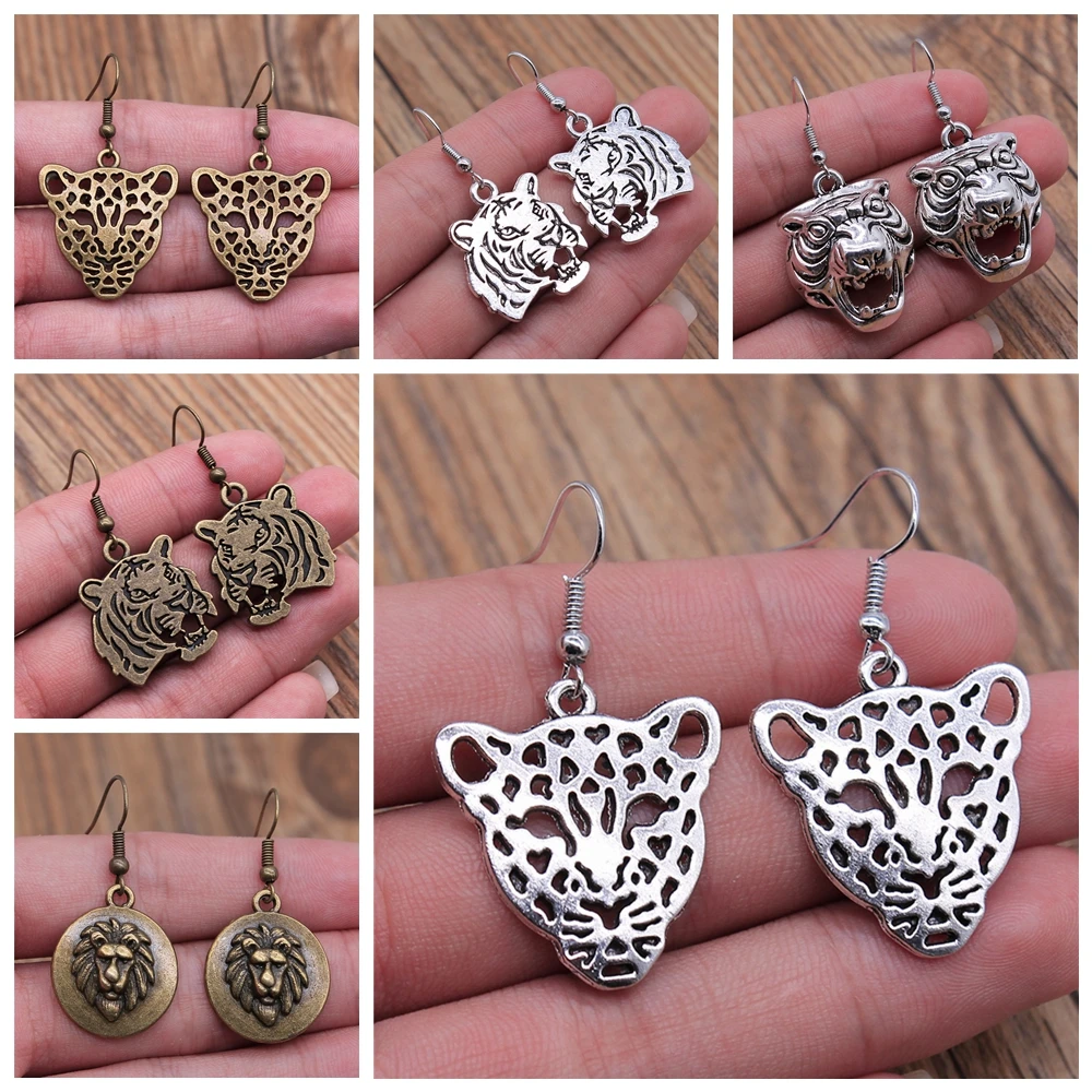Animal Dangle Earring Vintage Antique Silver Color Antique Bronze Color Tiger Leopard Lion Head Pendant Drop Earrings