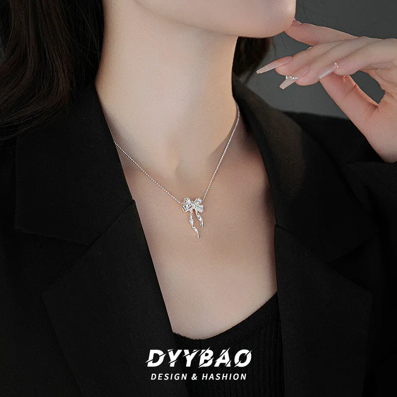 s925Sterling Silver Bow Ribbon Necklace Women's Japanese and Korean Simple Geometric Beads Clavicle Chain for Girlfriend All-Mat