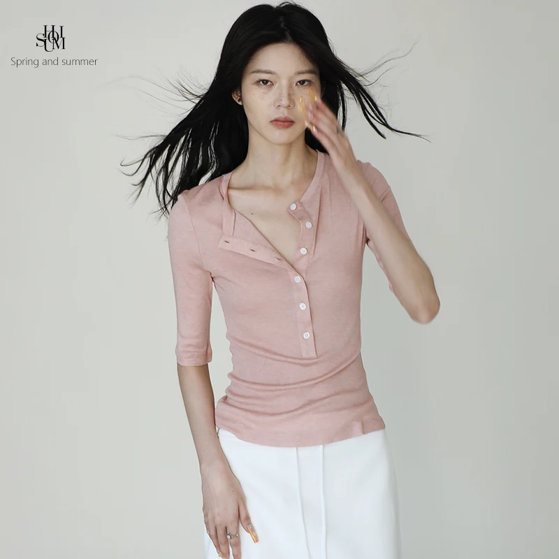 

Slim Fit Silk T-irt Women's mid Sve Henry Collar Light Pink Knitted Top ell Button Street Sle Moisture ng Summe...
