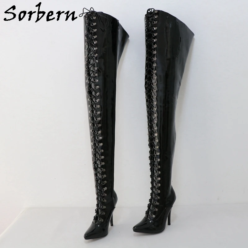 Sorbern Black 12cm Stilettos Boot Women Crotch Thigh Alternative High Heel Lace Up Pointed Toe Footwear Shoes For Crossdressers