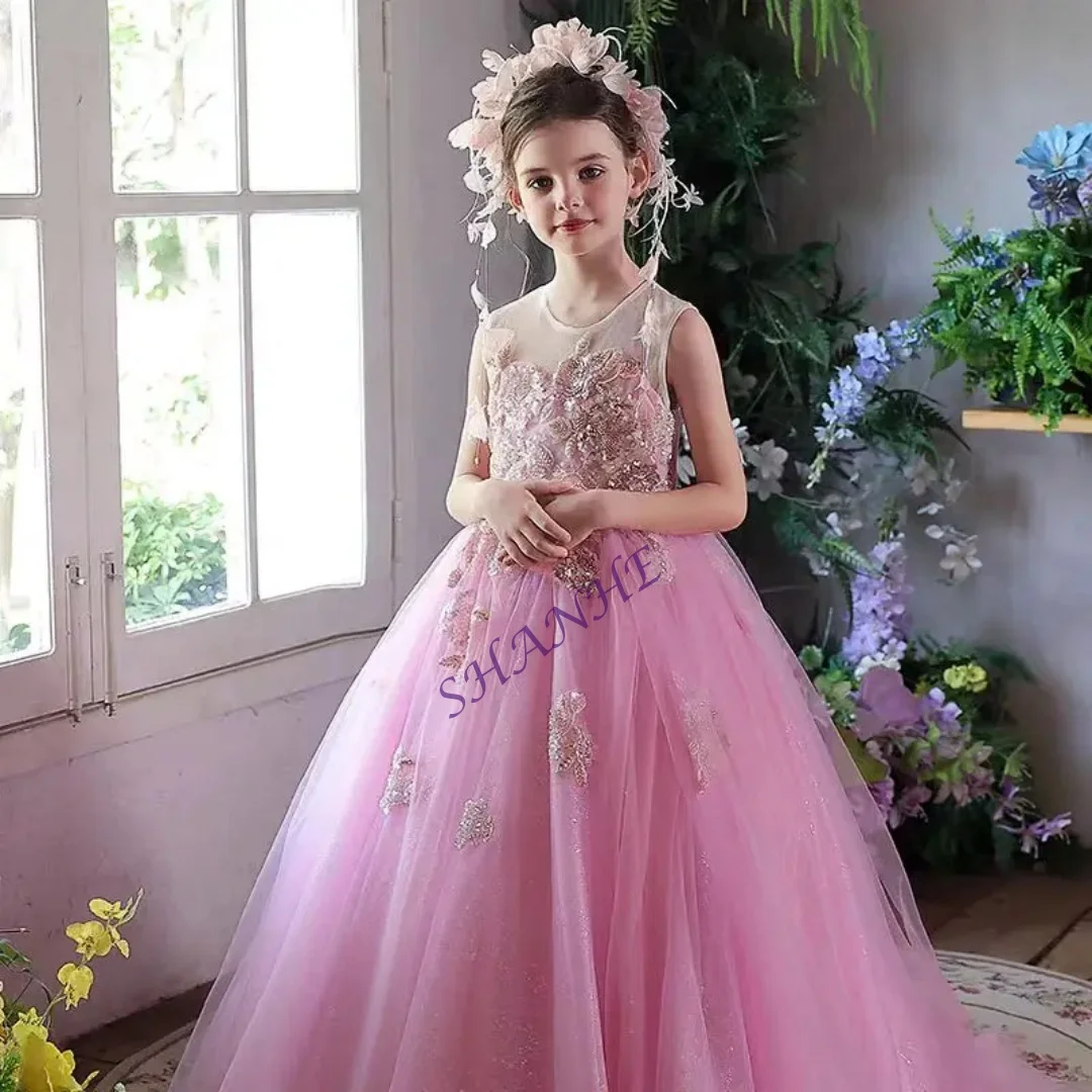 Customized Pink Flower Girl Dress Beading Appliques Long Princess Children Wedding Birthday Party Pageant Formal Gown