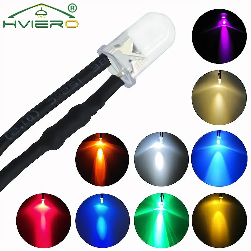 5X F5 5mm Round 20cm Pre Wired DC 12V LED Lamp Light Bulb White Red Blue Green Yellow  Warm  Diode Emitting Diodes