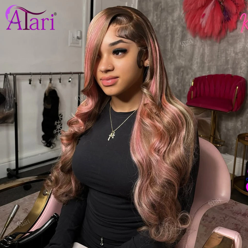 

Transparent 13X4 Light Brown Pink Highlights Body Wave Wig 13X6 Lace Frontal Rose Pink Stripes Human Remy Hair Wigs Pre Plucked