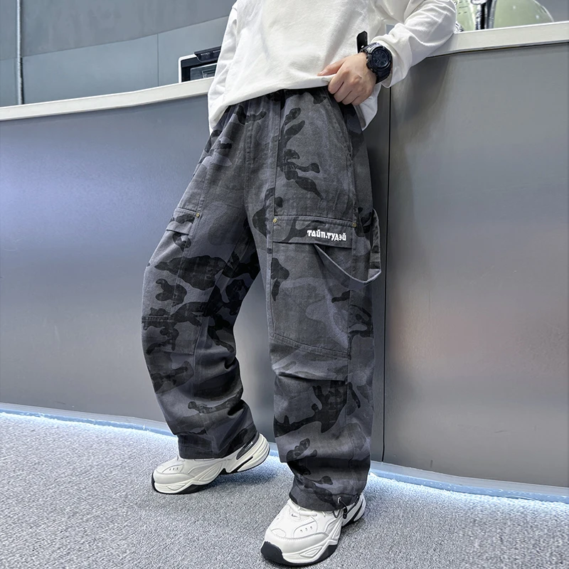Spring Autumn Style Kids Casual Camouflage Pants For Teenage Boys Cotton Sports Trousers Children Straight Fit Trackpants 5-14T