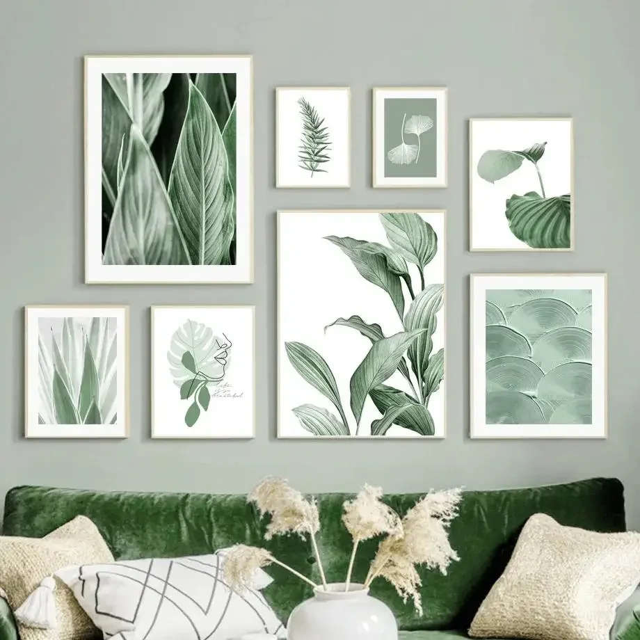 1pc frameless Canvas Painting Monstera  Ginkgo Biloba Leaf Canvas Art  Green Nature Nordic Wall Prints for Living Room Decor
