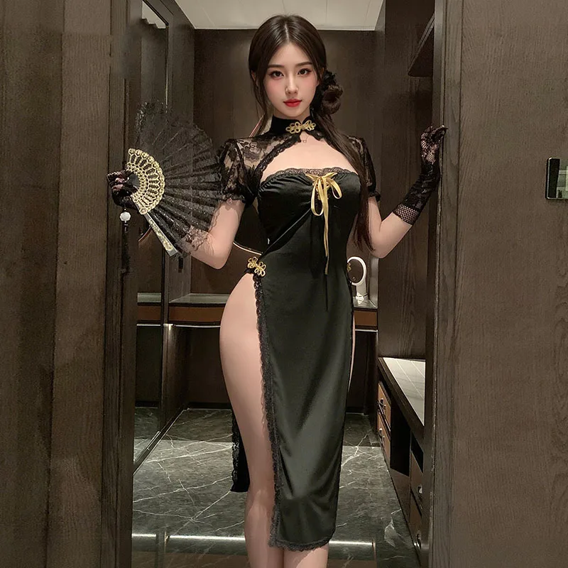 

Anime Women Sexy Cheongsam Black Queen Sheer Lace Dress Collar Bow Accent Open Back Slit Skirt Retro Tradition Costume Cosplay