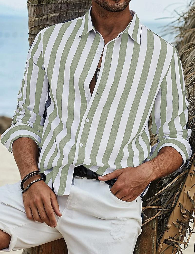 Camicia hawaiana da uomo estiva a righe verticali con risvolto moda monopetto Street Wear camicie Casual larghe