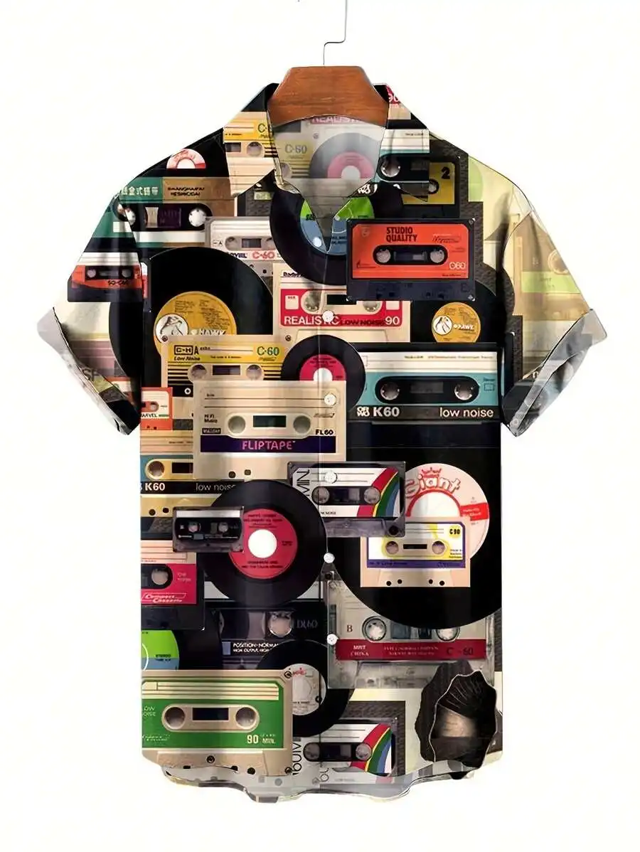 

Men's Retro Audio Tape Collage Print Casual Shirt