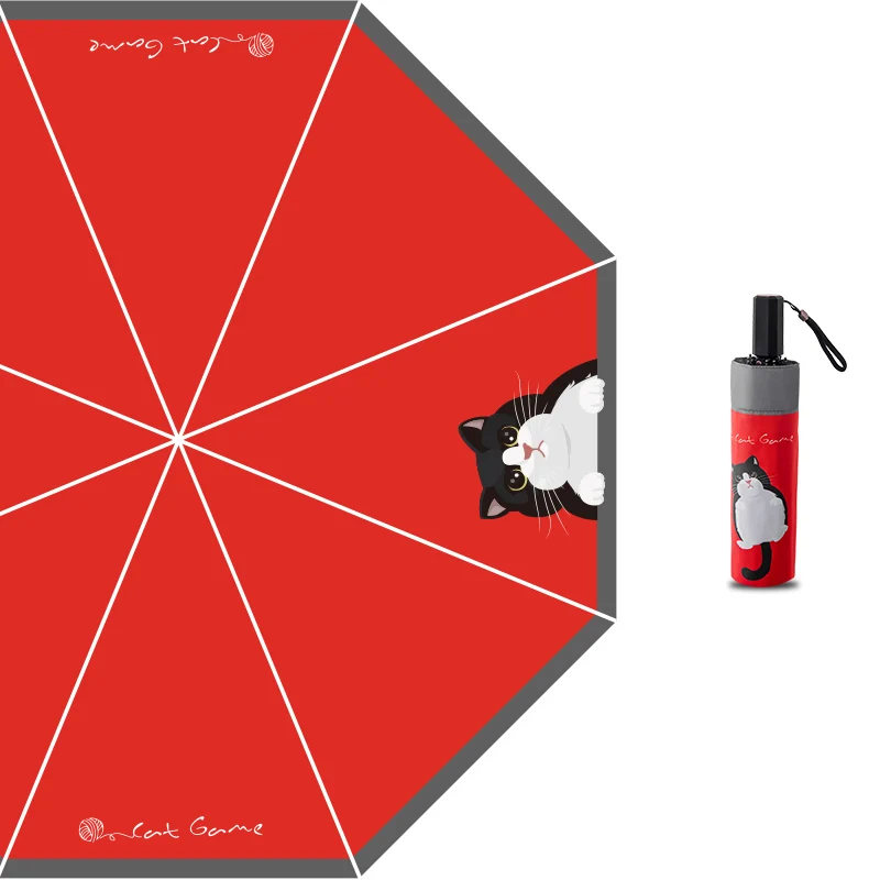 Cute Cat Print Folding Umbrella Portable Compact Anti-UV Waterproof Sun Rain Parasol for Women Outdoor Travel Summer Essential