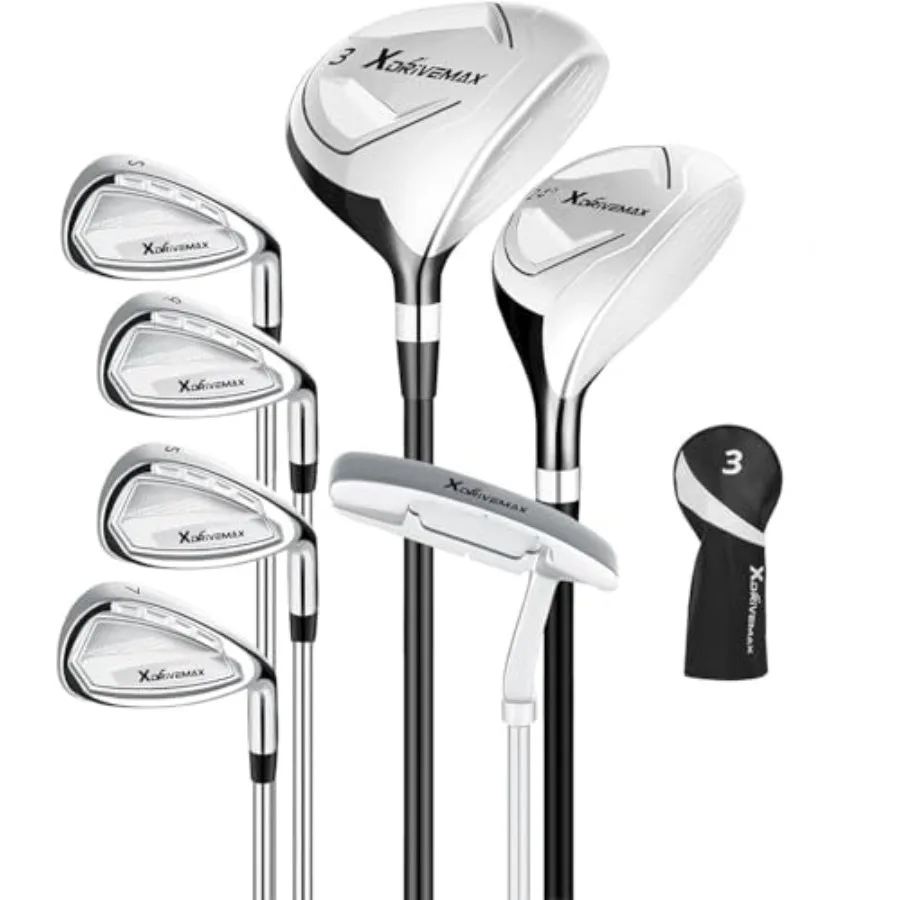 

Golf clubs set for men and women, graphite shafts, black and silver, 7-piece complete set with fairway wood, hybrid, irons, put