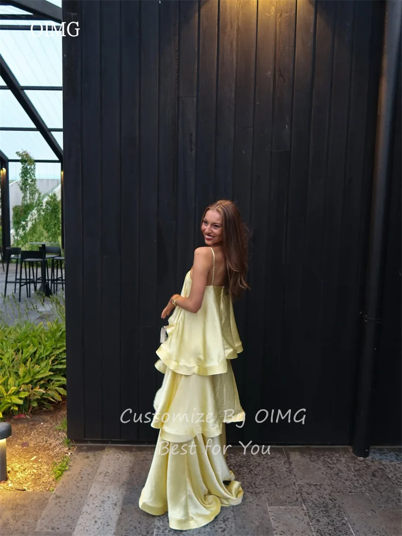 OIMG Flowy Yellow Multi-layered A Line Prom Gowns Spaghetti Strap Backless Party Gown Floor Length Evening Dress Customized image 2