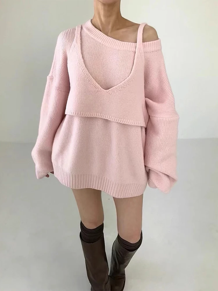 Clothland Donna Dolce Maglia Maglione Abito Manica Lunga Due Pezzi Set Con Camis Chic Mini Abiti Allentati Vestido QE249