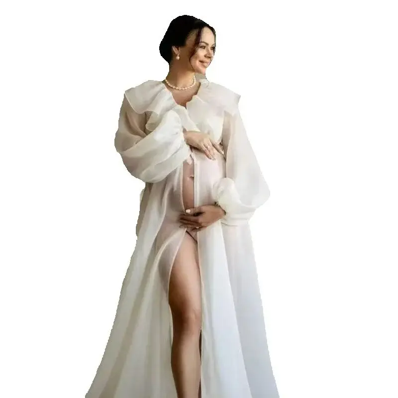 

2025 белое хлопковое платье для фотосессии для беременных с разрезом для фотосессии для беременных, длинное тюлевое платье со свободными рукавами