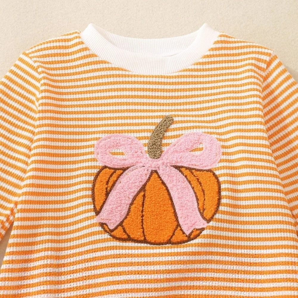 Fashion Bow Pumpkin Embroidery Bodysuit Long Sleeve Button Closure Infant Romper Jumpsuit Autumn Season