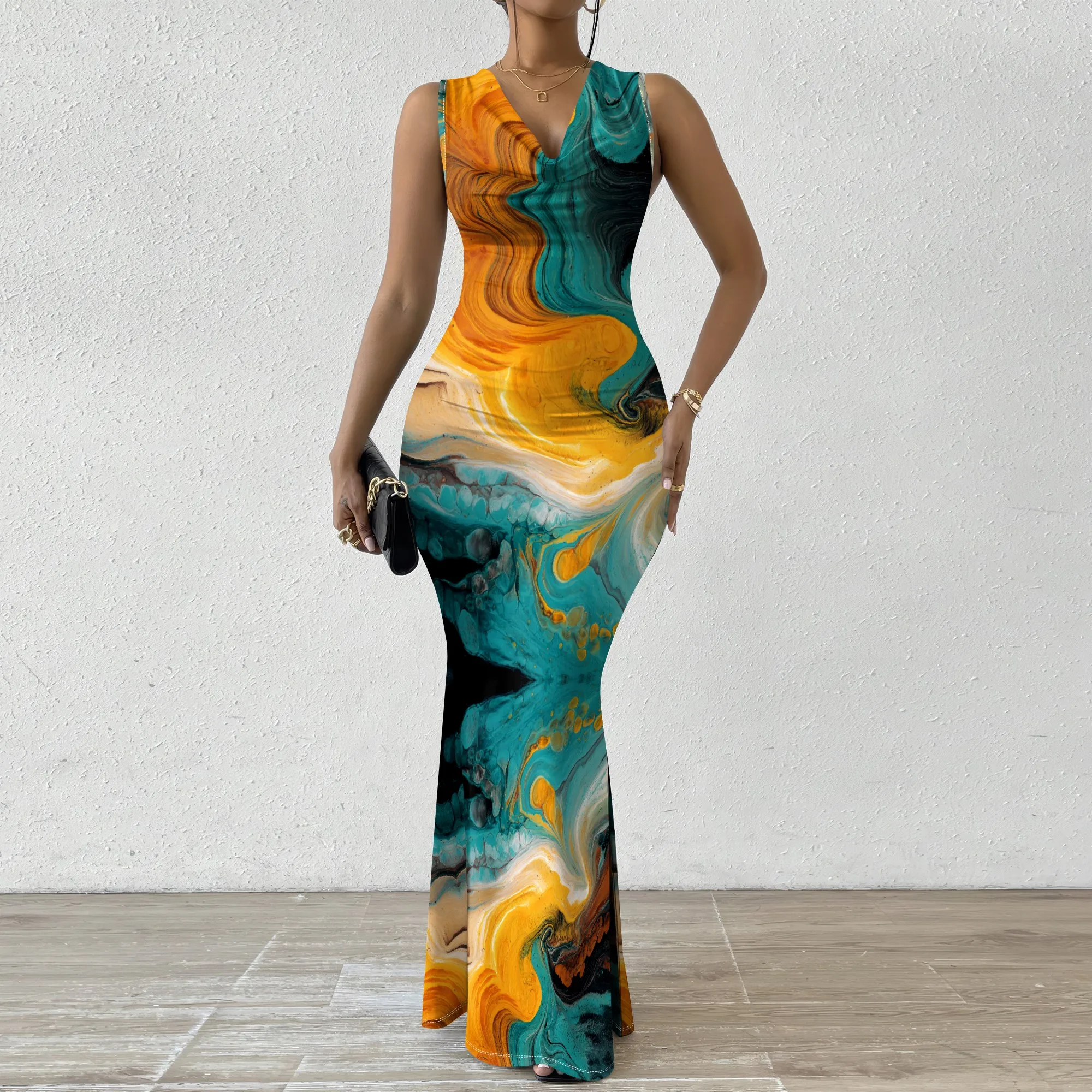 

Women's Psychedelic Print Bodycon Maxi Dress Sleeveless V-Neck Mermaid Party Club XS-2XL