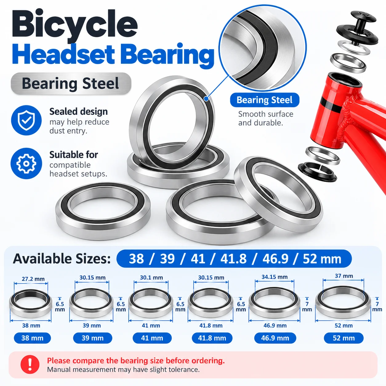 1PCS Bike Headset Bearing 38 39 41 41.8 46.9 49 52mm General Repair Bearings MTB Steering Bearings Bicycle Accessories