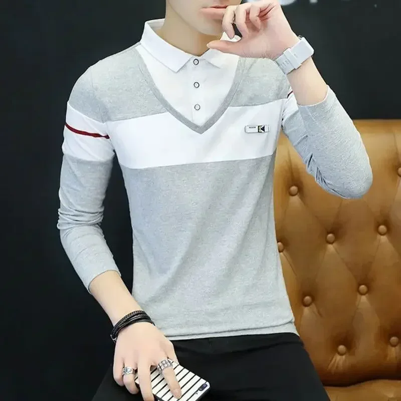 

T Polo Shirt for Man Slim Fit Red Men's Clothing Spliced Top Buttoned Tight Korean Autumn Xl A New Bulk Long Sleeve It Original