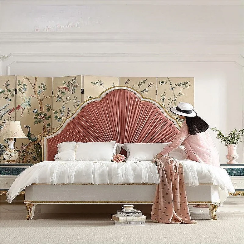 Palace Rococo style master bedroom fabric double bed pink solid wood king bed luxurious high-end wedding bed P7