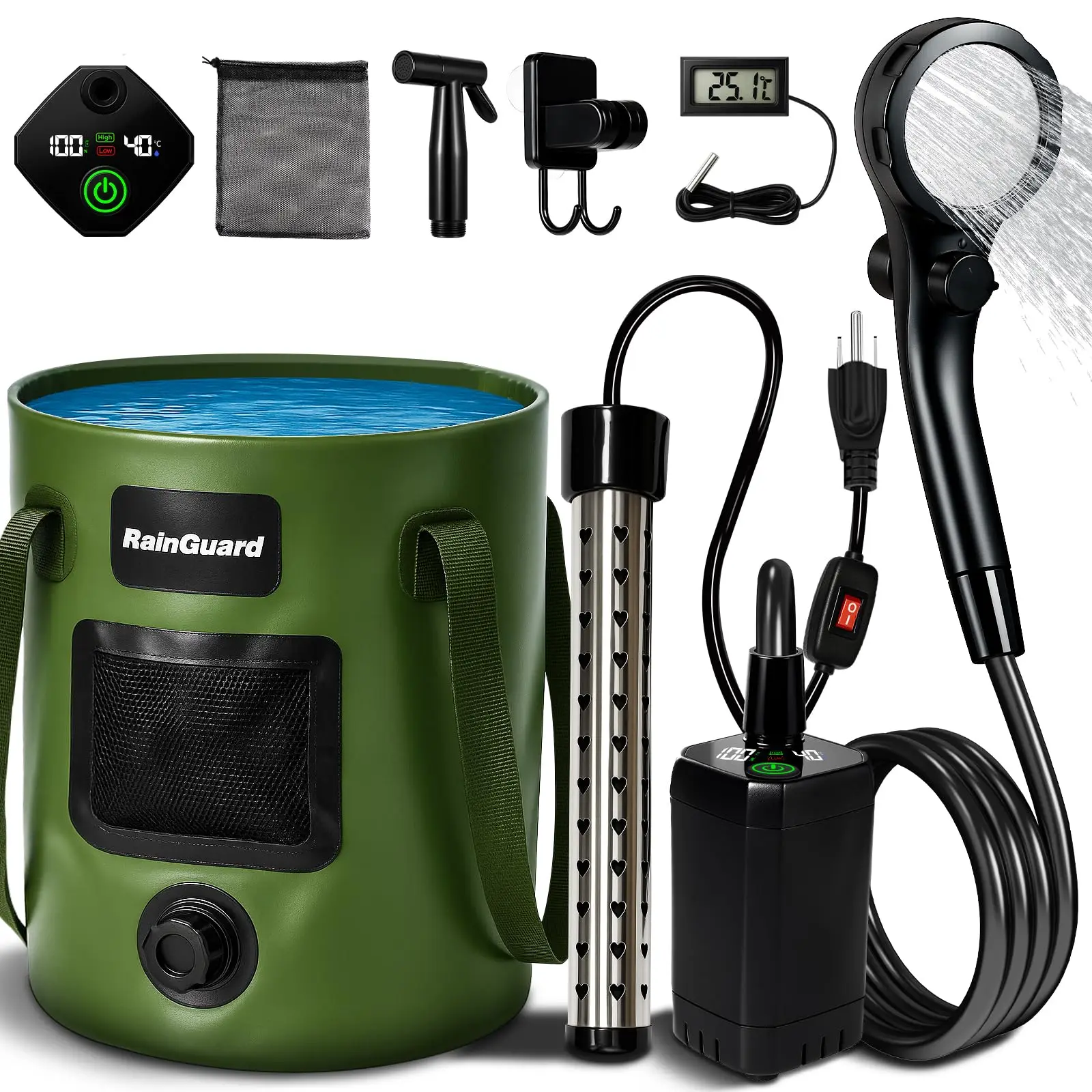 

Portable Foldable Outdoor Shower Kit With Digital Temp Display, Rechargeable Pump, Filtered Head, And 20L Water Tank For