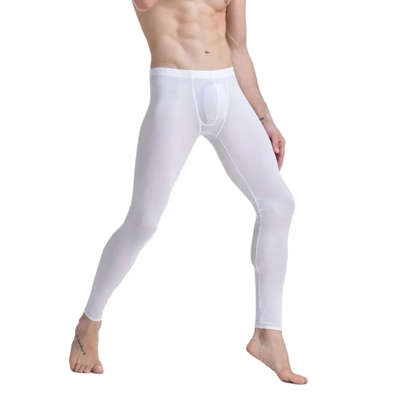 CLEVER-MENMODE Sheer Men\'s Ice Silk Long Johns Pants Elastic Underwear Thin Nightwear Translucent Pajamas Bottoms Thermal Pants