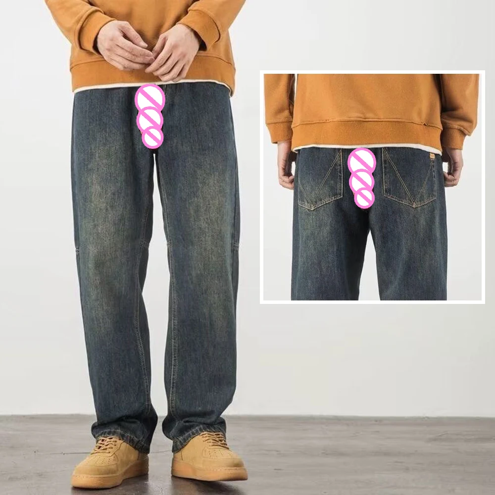 

Невидимые джинсы с открытой промежностью для секса на открытом воздухе, большие размеры, весенне-осенние джинсы, мужские прямые свободные брюки, широкие брюки, брюки в стиле ретро с 9 точками