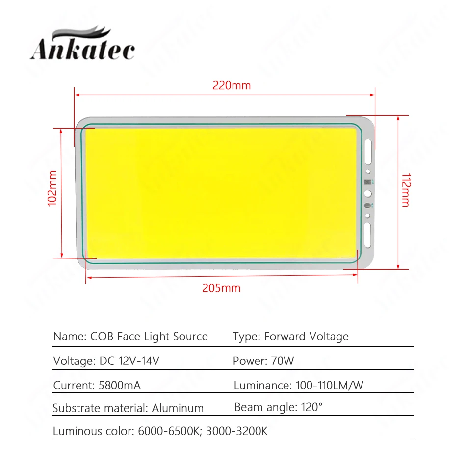 New High Power 70W DC 12VLED COB Face Light Source Panel 220*112mm for Outdoor Waterproof Camping Tent Carpet Fishing Light Lamp