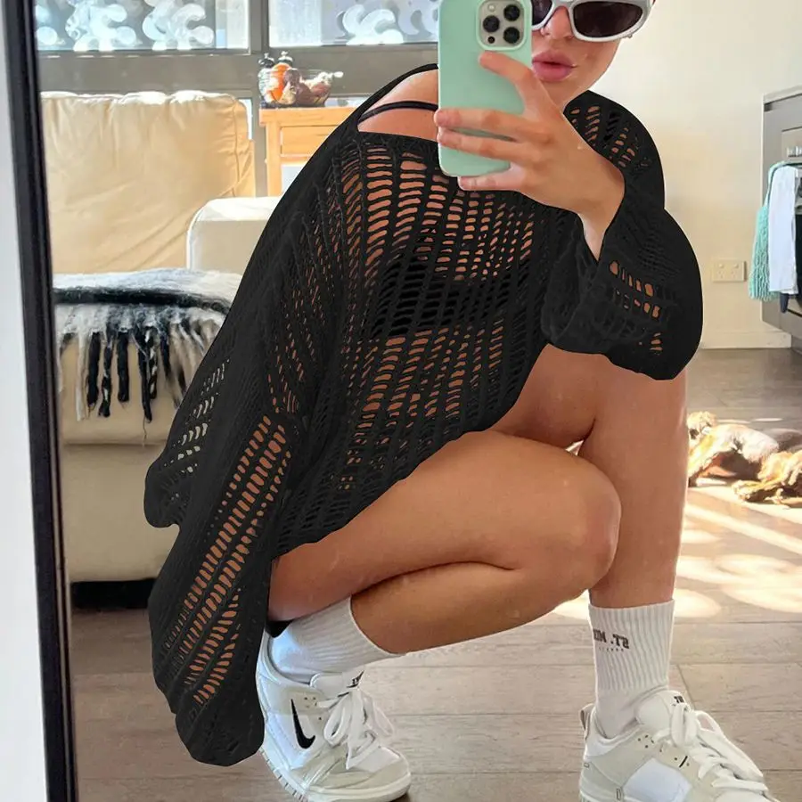 European Long-sleeved Hollow-knit Mesh Shirt Women's Summer Thin Sunscreen Blouse Cross-border 2026 Early Spring New Top