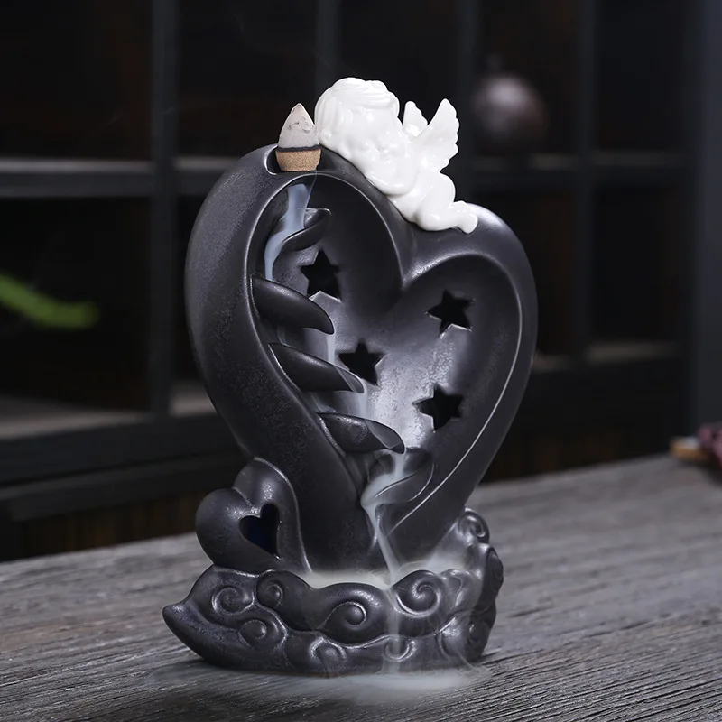 Beautiful Angel Backflow Incense Burner with LED RGB Light Smoke Waterfall Incense Base Living Room Home Decor Christmas Gift