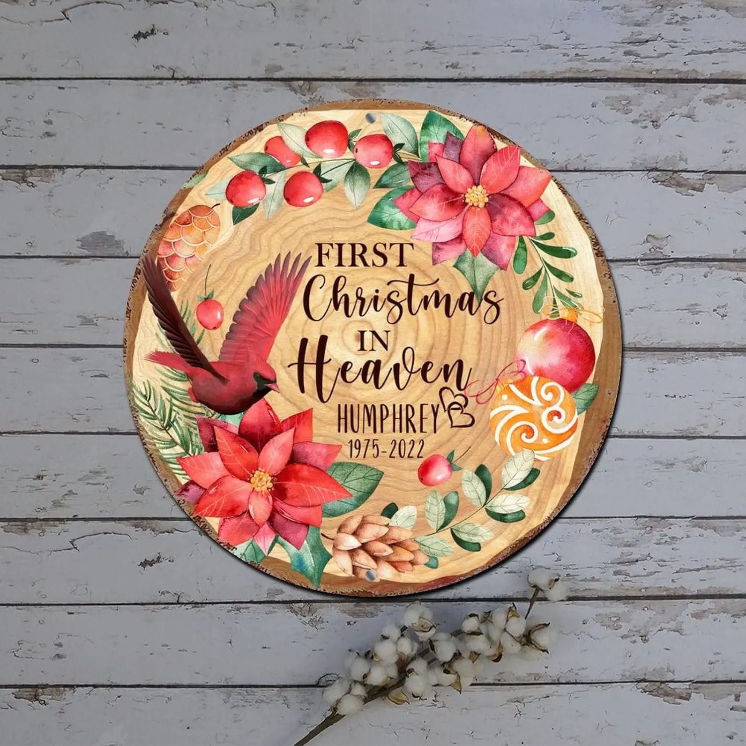 Christmas Round Tin Sign First Christmas in Heaven Cardinalis Poinsettia Round Metal Tin Sign Christmas Door Decorations Indoor