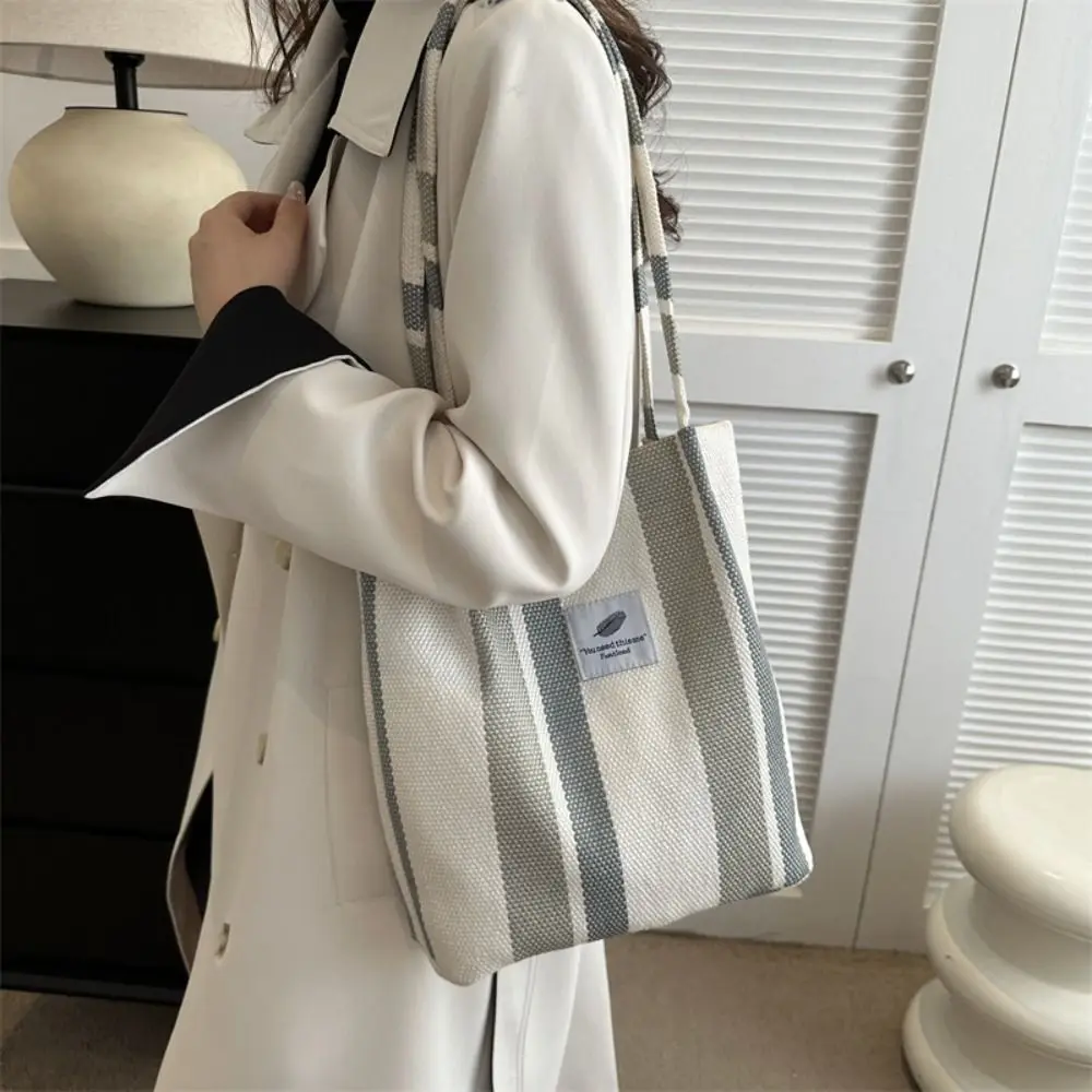 Striped Canvas Shoulder Bag Fashion Ruched Tote Bag Women\'s Large Underarm Bag Canvas Tote Bag Fashion