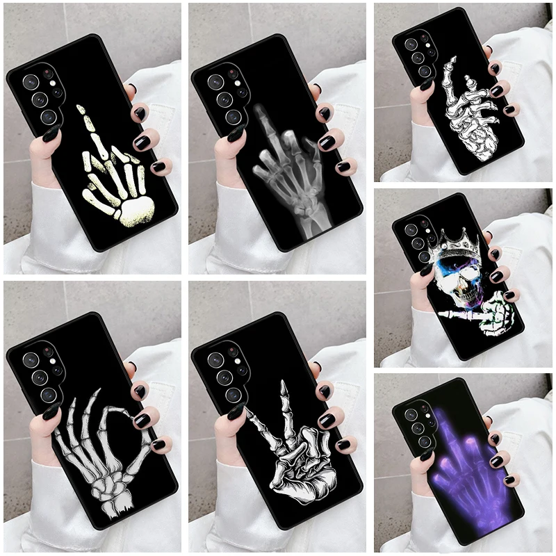 Phone Case For Samsung Galaxy S24 S23 S21fe S22 Ultra Plus Note 10 20 S8 S9 S10 Cover Skeleton Middle Finger Bones Halloween