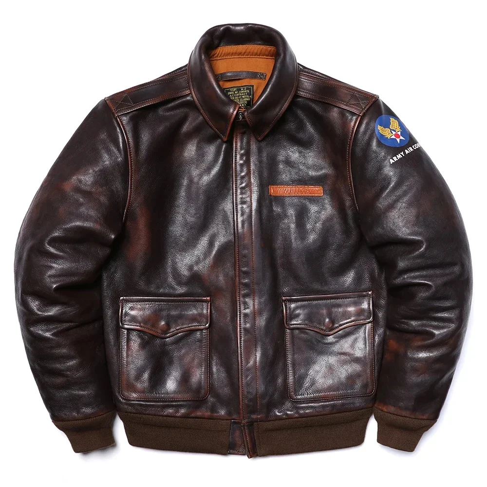 A-2 Style 1.6mm Thickness Cowhide Air Force Men Vegetable Tanning Genuine Leather Flight Jacket Motorcycle Coat A2 Clothes