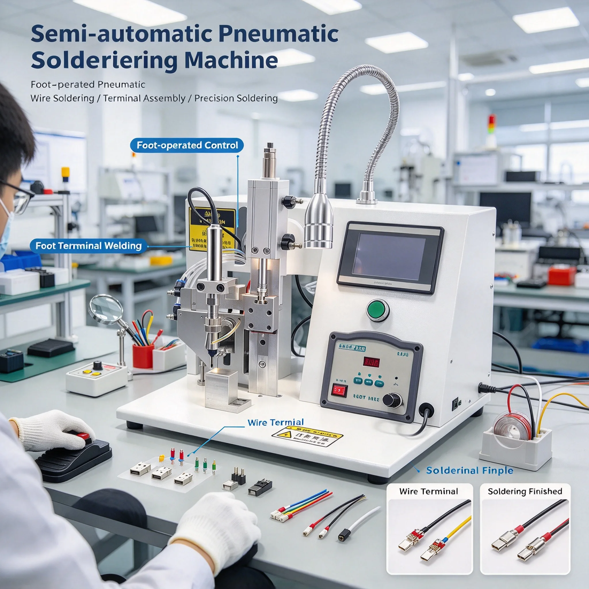 Semi-automatic Pneumatic Soldering Machine, Foot Operated PCB USB Cable Soldering Equipment, PLC Touch Control 200W