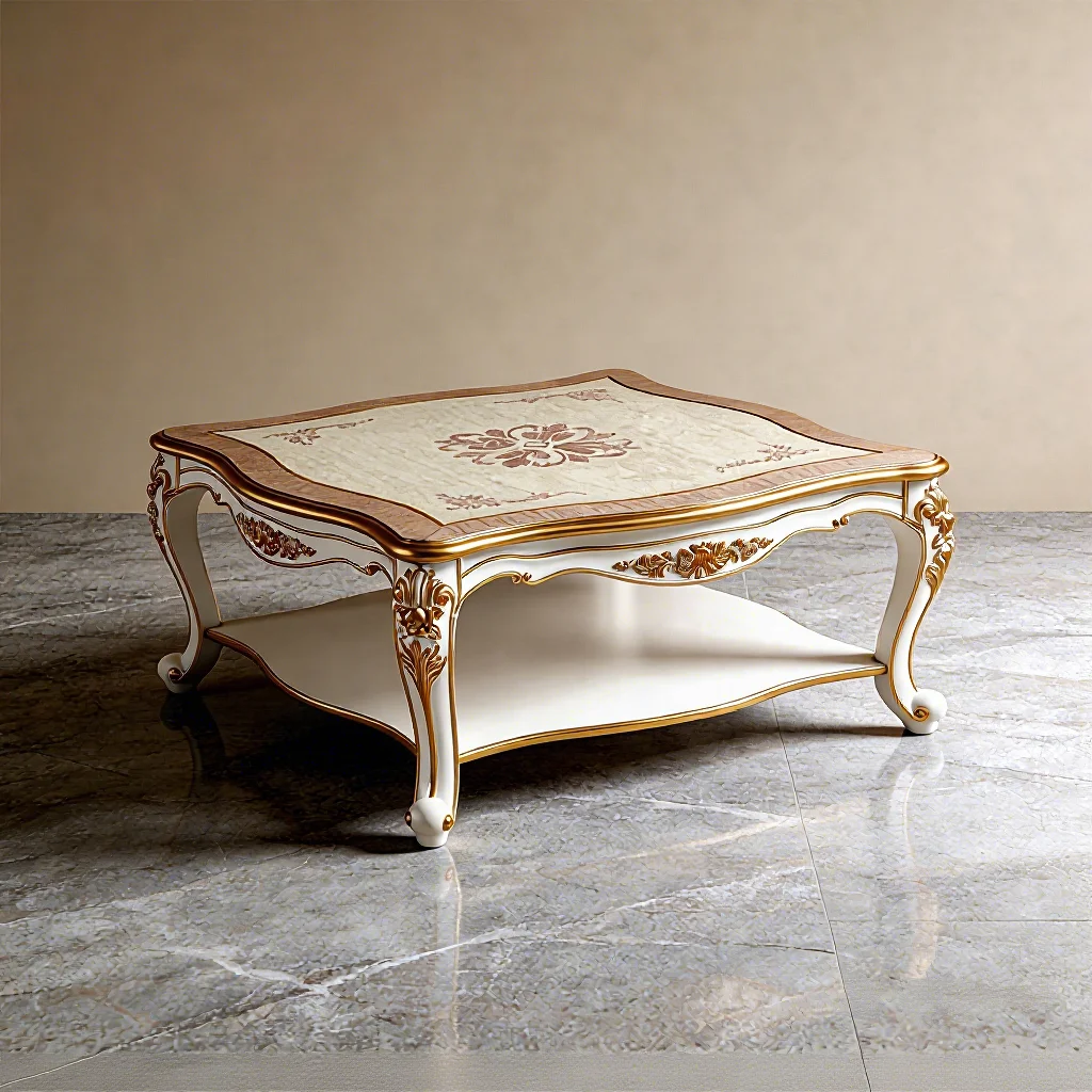 #Hand Carved Gold Trim French Classic Luxury Square Coffee Table With Flower Top And Storage Shelf