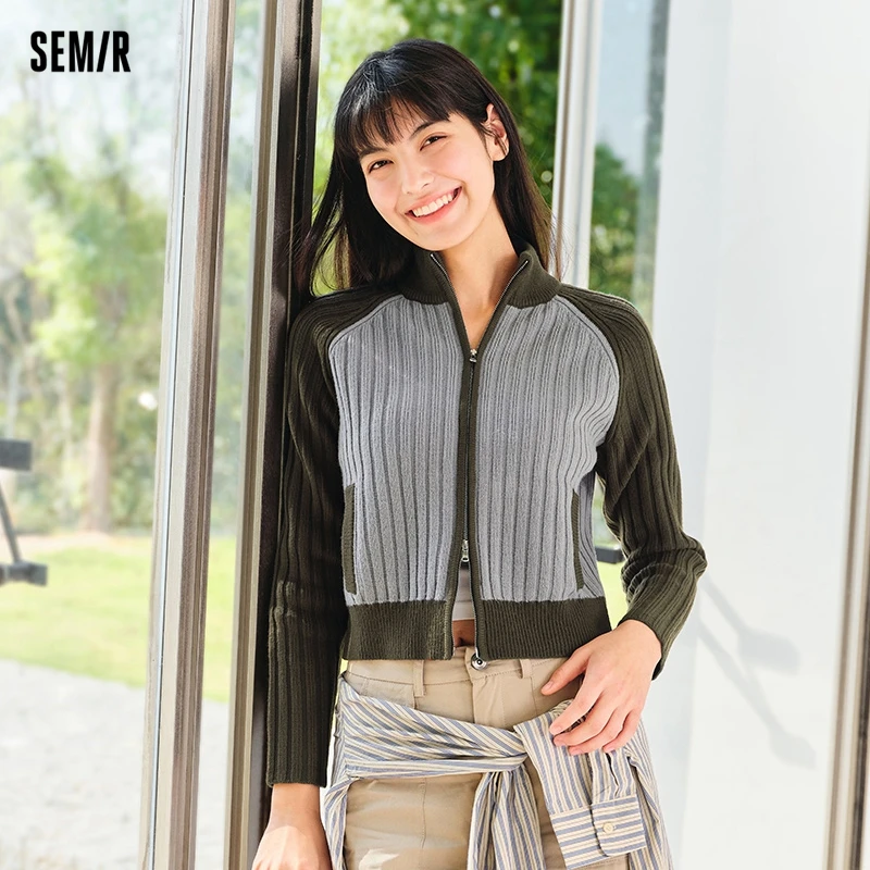 Semir 2024 Knitted Cardigan Women Short Stand-Up Collar Raglan Sleeves 2024 New Spring Temperament Contrasting Loose Sweater