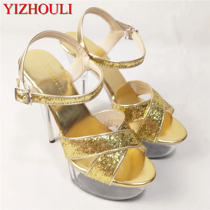 

Gold crystal sequined sandals 15cm high heels stage show gorgeous 6 inch pole dance performance dance shoes