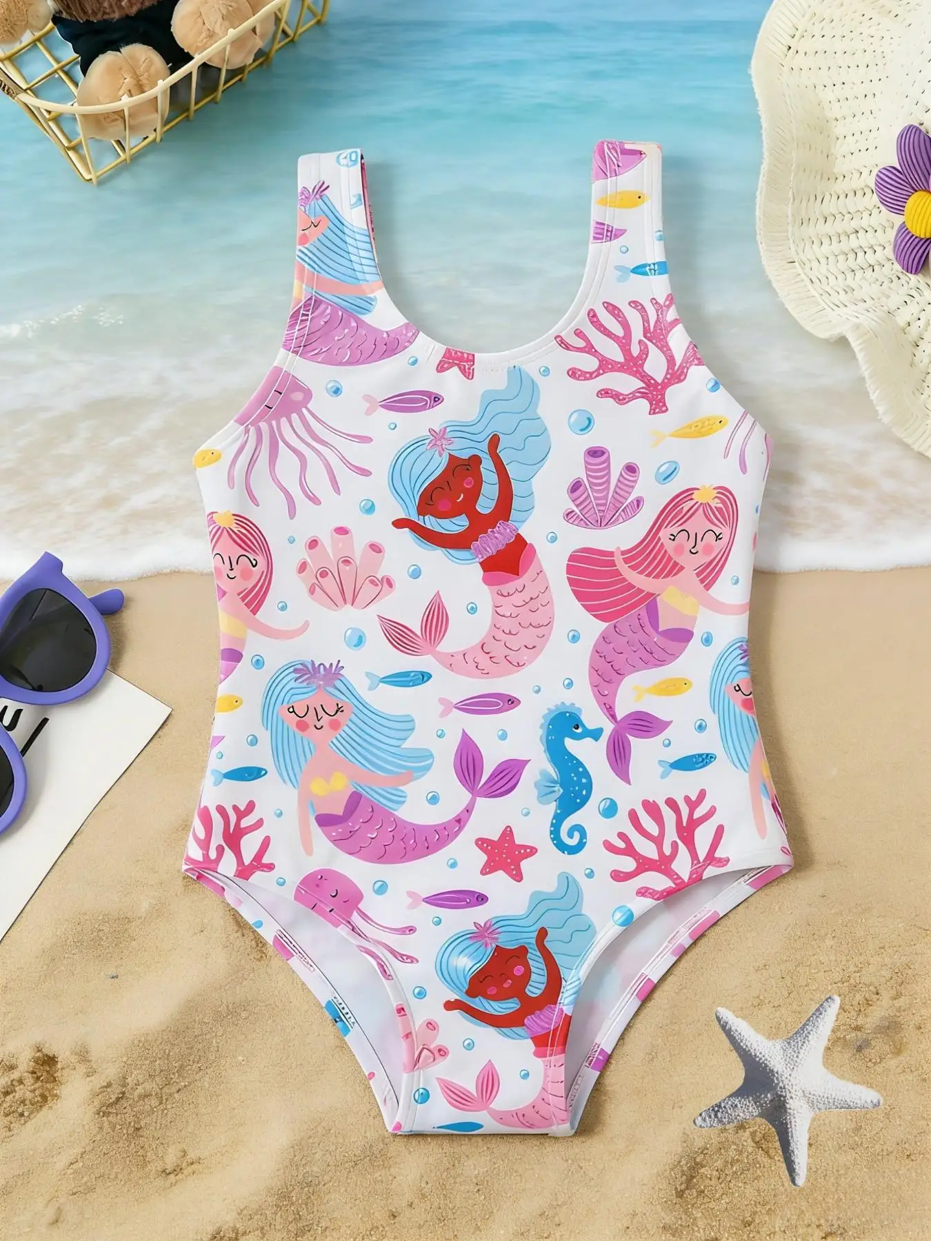 Girls' Summer Casual Swimwear, Children's Printed One-Piece Swimsuit, Mermaid Plant Print Tank Top One-Piece Swimsuit Suitable for Girls over 3 Years Old, Beachwear