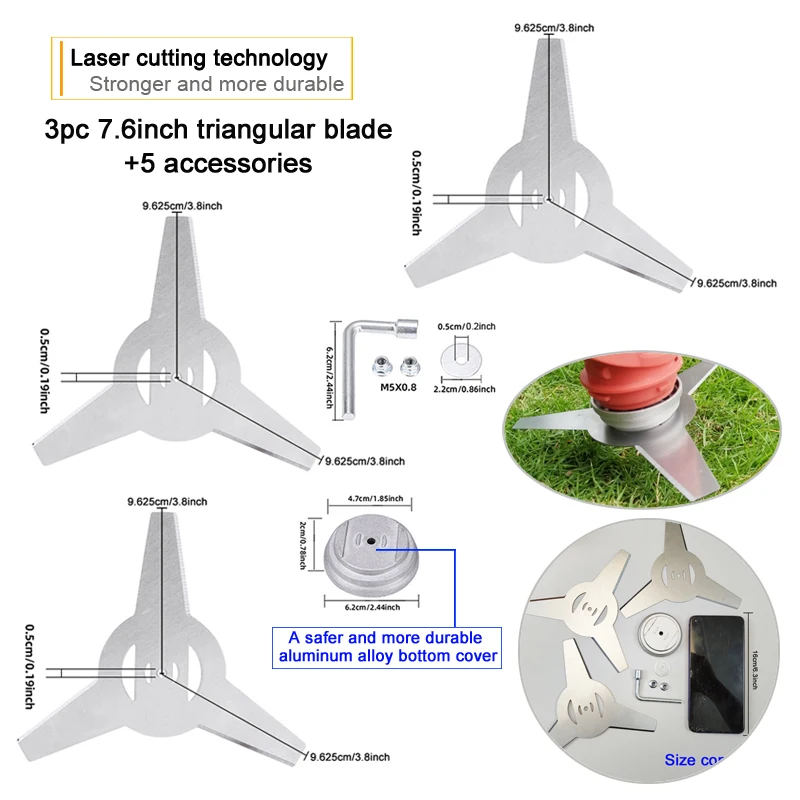 3Pc 7.6-Inch Three-Tooth Lawn Mower Blades with 5 Accessories, Including a Safe and Durable Aluminum Alloy Base Cover, M5Mm Mounting Holes, Easy to Install, Made of Thickened Manganese Steel for Durability, Double-Sided Use, Suitable for Light Garden Weeding, Garden Trimming, Lawn Mowing, an Ideal Lawn Care and Maintenance Tool