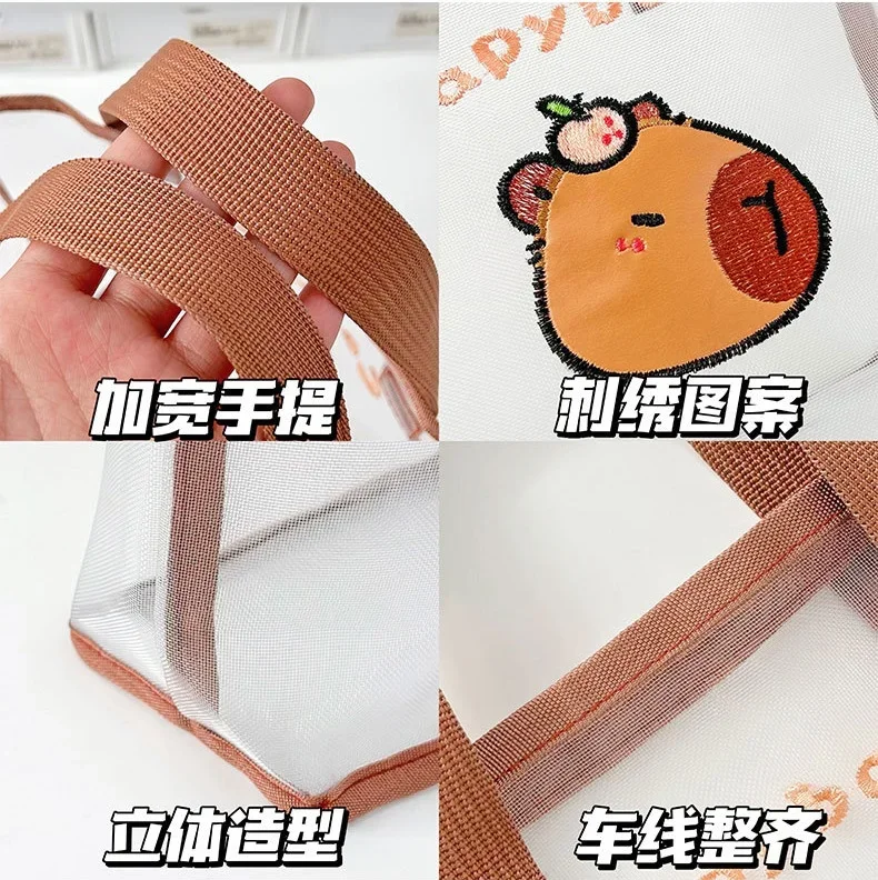 Cartoon Capybara Mesh Handbag Totes Hollow Out Shoulder Bag For Student file collection bag Casual Large Capacity Pack