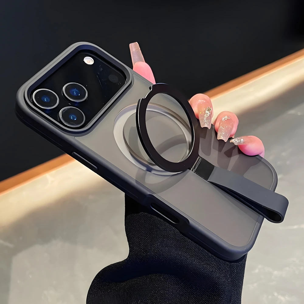 

Hand Wrist Strap Matte Phone Case for iPhone 17 16 15 14 Plus 13 12 Pro Max 11 16e for Magsafe Magnetic Cover With Holder Stand