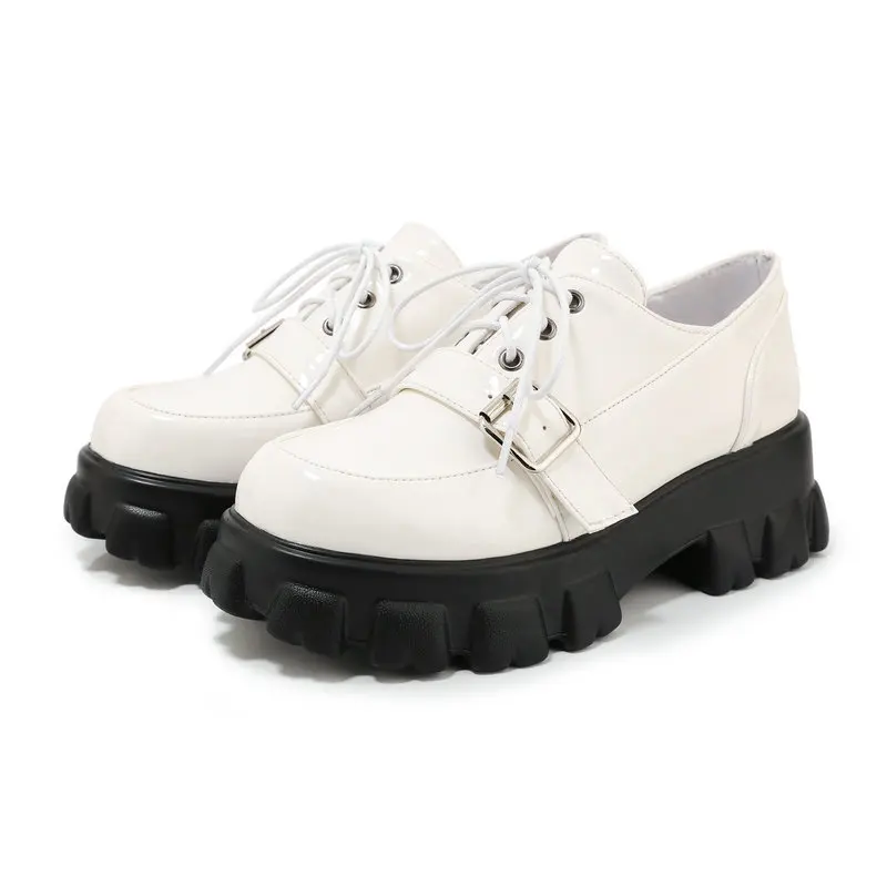 Women Platform Pumps 2023 Autumn 6cm High Heels Patent Leather Black Shoes Lace Up Lolita Japanese Female Shoes Big Size 32-46