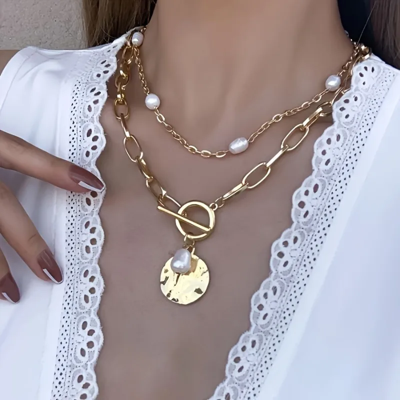 Fashionable Double-layer Imitation Pearl Paired with Gold Color Chain Circular Pendant Necklace Women's Daily Wear Jewelry Gifts