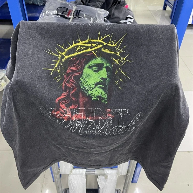 

25ss Jesus Crown OF Thorns Saint Michael Black T Shirts Oversized Washed Pure Cotton Short Sleeves