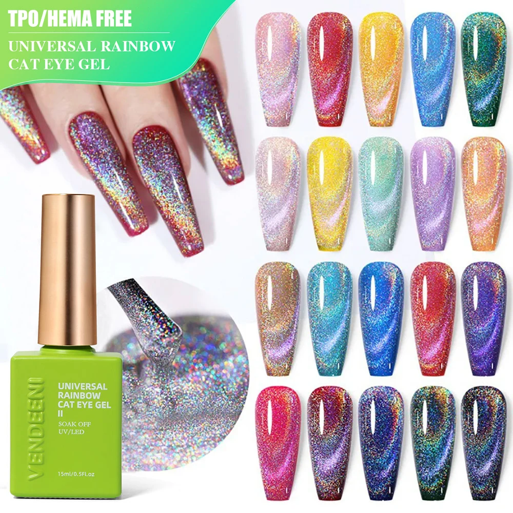 Vernis à ongles gel Vendeeni TPO HEMA FREE universel, paillettes laser, effet diamant brisé, œil de chat, arc-en-ciel, magnétique, UV, à retirer par trempage.