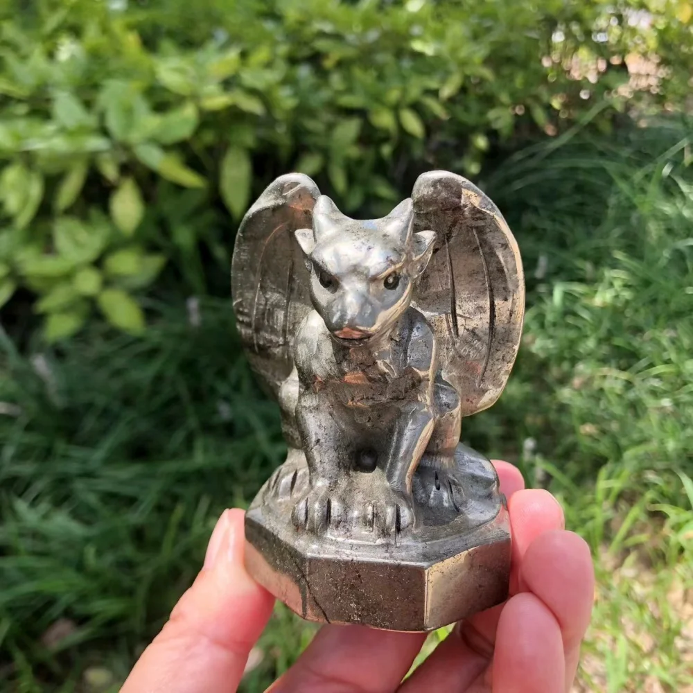 8cm Natural Pyrite Hand Carved Gargoyle Statue Gothic Crystal Guardian Figurine Wealth Energy Stone Spiritual Desktop Decor