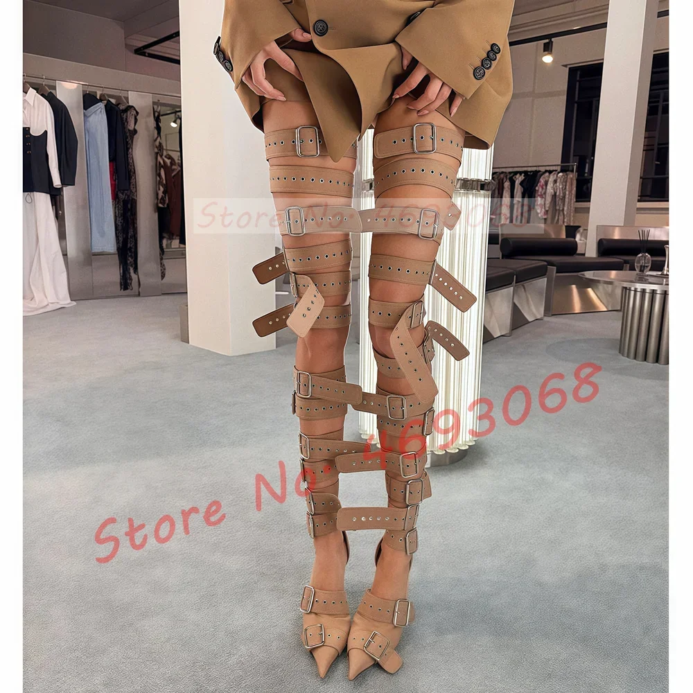Metallic Heel Sandal - Nude Buckle Strap Thigh High Sandals
