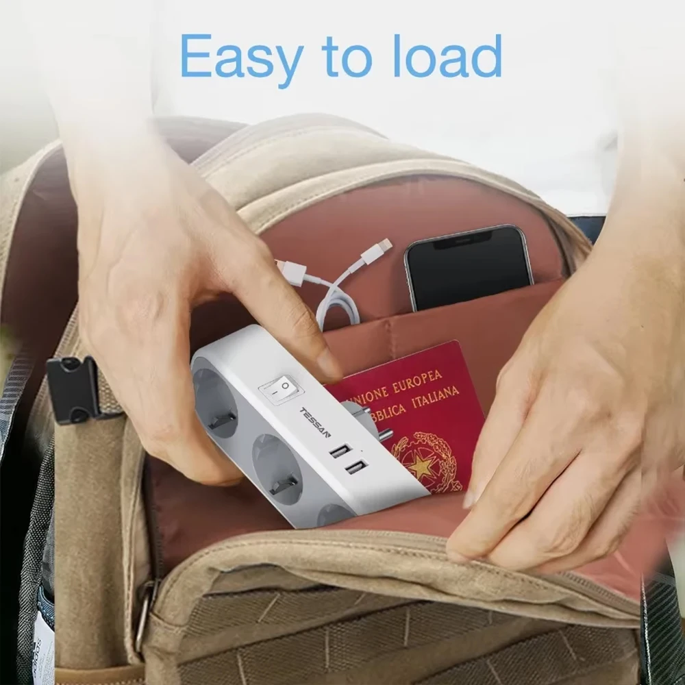 مقبس TESSAN Ladron 5 في 1 مع مفتاح، مقبس متعدد مع 3 مقابس ومنفذي USB، مقابس حديثة، متوافقة مع الهاتف