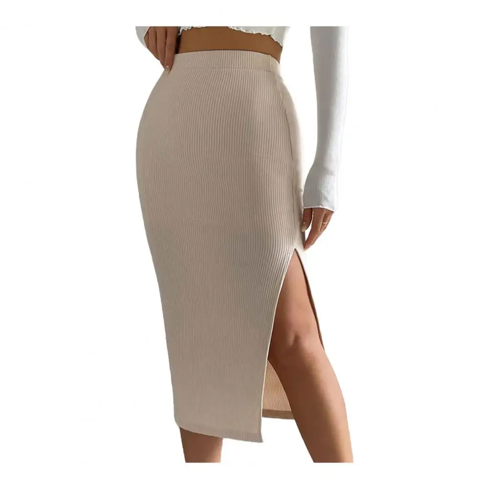 Slit Midi Skirt Elegant High-waisted Midi Skirt with Side Slit for Office Lady Solid Color Knitting for Wear for Flattering